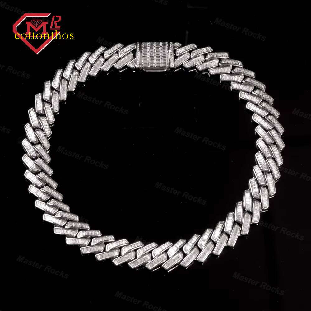 VVS Iced Out 15mm Link Hip Hop Sier Baguette Moissanite Cuban Chain for Men