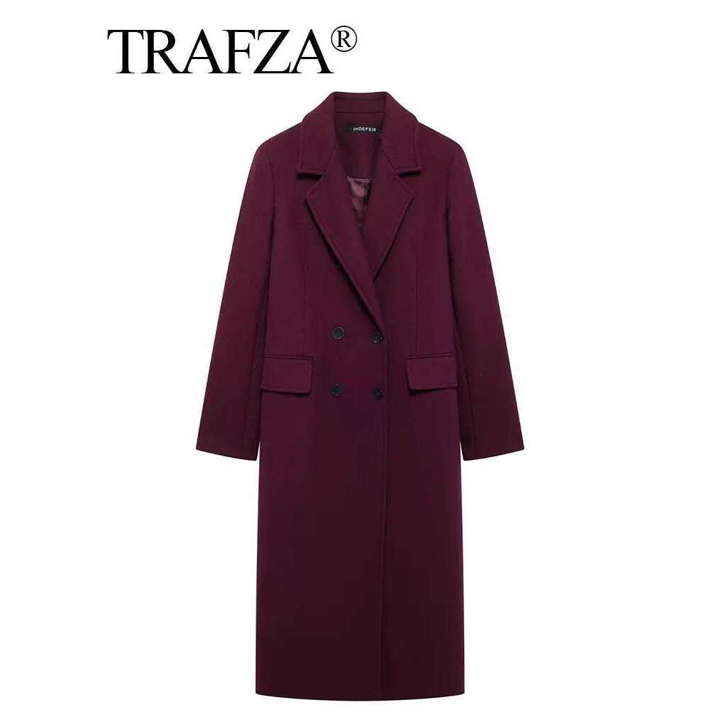 TRAFZA Women Fashion Bury Woolen Coat Double Breasted Long Sleeve Lapel Blends Jacket Autumn Winter High Street Outerwear