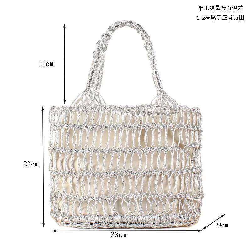 New gold and sier thread hollowed out hand hook woven for trendy women's vacation beach portable straw bag