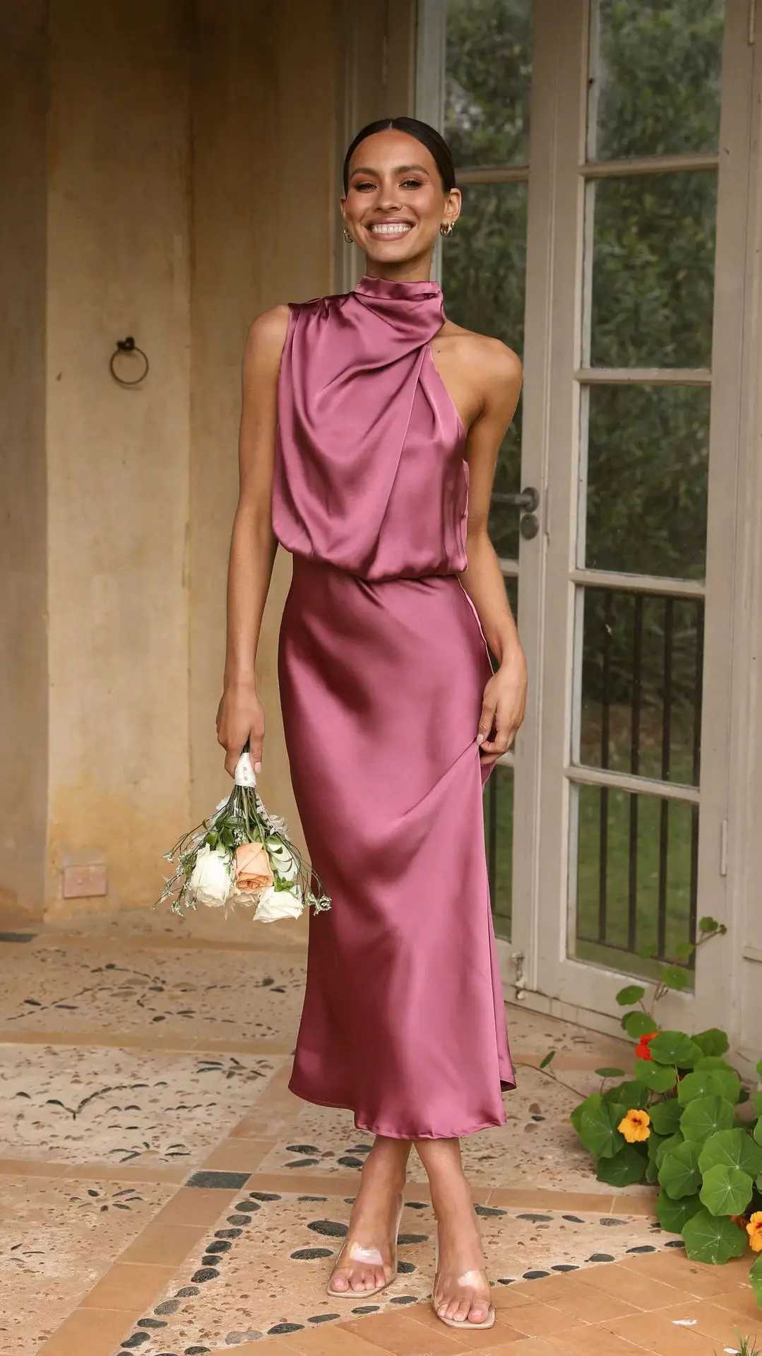 Solid Color Satin Slim Long Dresses Women Sleeveless Halter Neck A-line Party Dress Elegant Temperament Ladies Evening Dresses Z250728