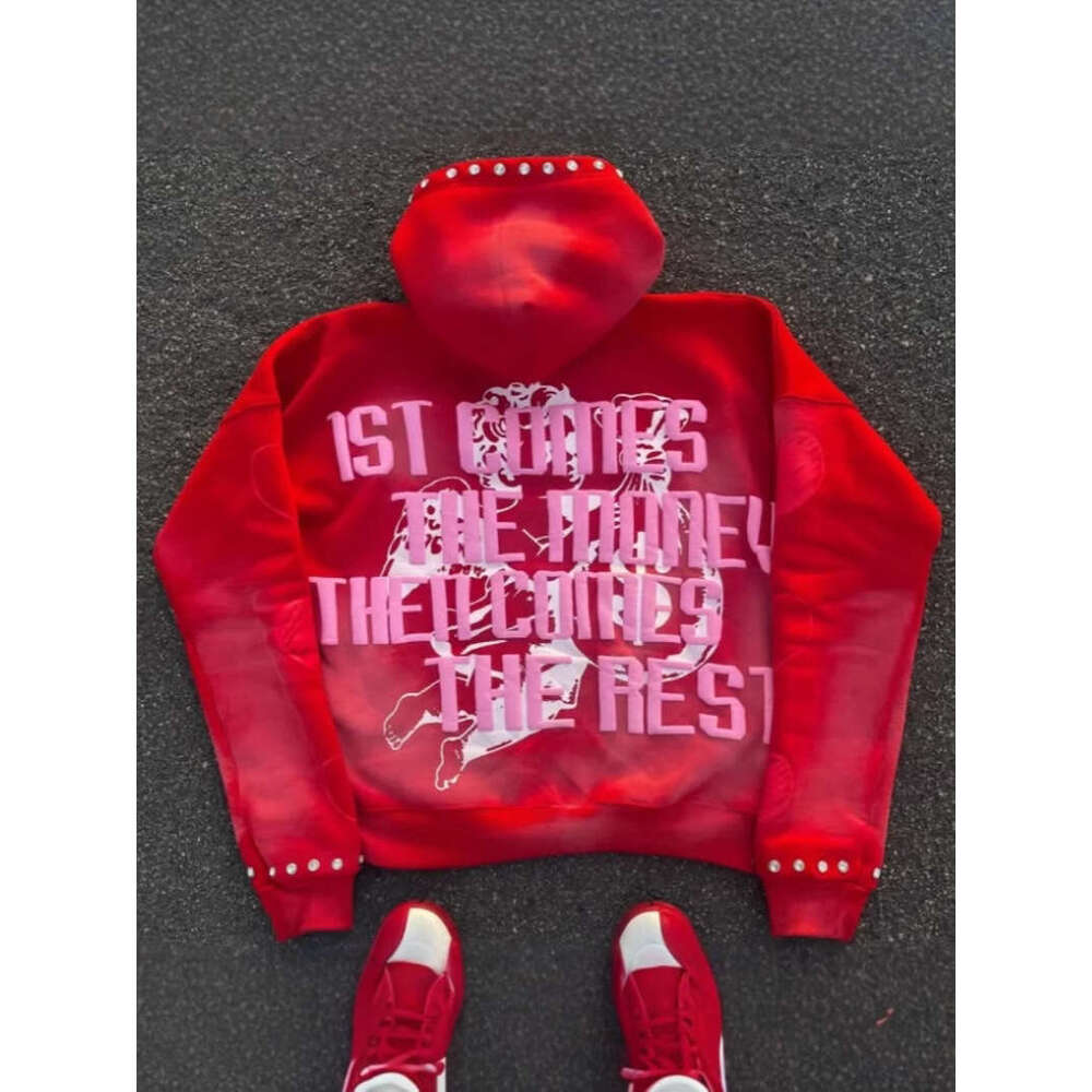 American Y2K Spring and Autumn Unisex Letter Foam Print Rhinestone Pullover Hoodie