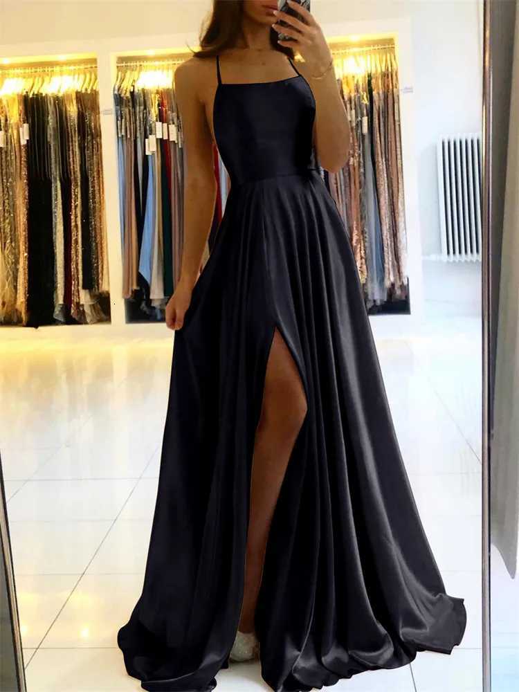 Elegant Women Maxi Beach Satin Dress Sexy Leg Slit Lace Up Evening Prom Gown Adjustable Straps Bridesmaid Dresses Z250728