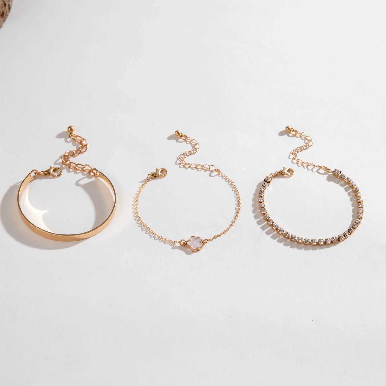 3Pcs/Set Bohemia Minimalism Metal Rhinestone Chain Bracelet Set for Women Metal Bangle Gold Color Jewelry Gifts W250728