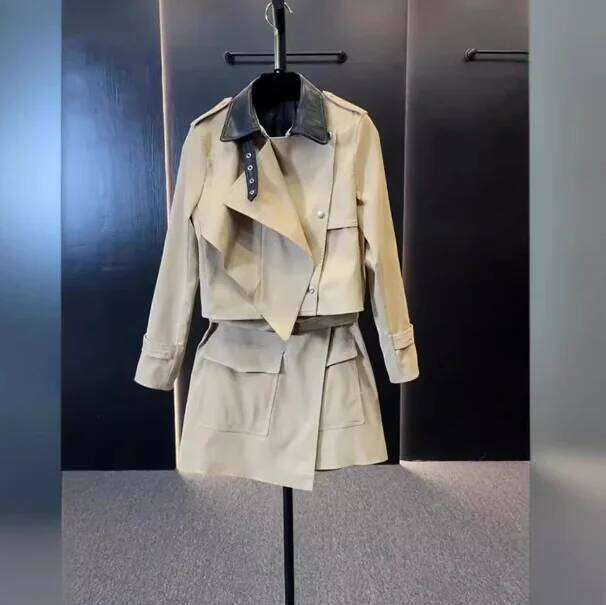 Autumn New Fashionable Trendy Cool Two-piece High-end Simple Khaki Jacket Short Skirt Set for Women