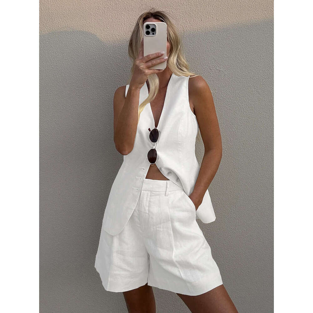 2025 Summer New Commuter Cotton Linen and Cross-Border Vest + Shorts Casual Set for Women
