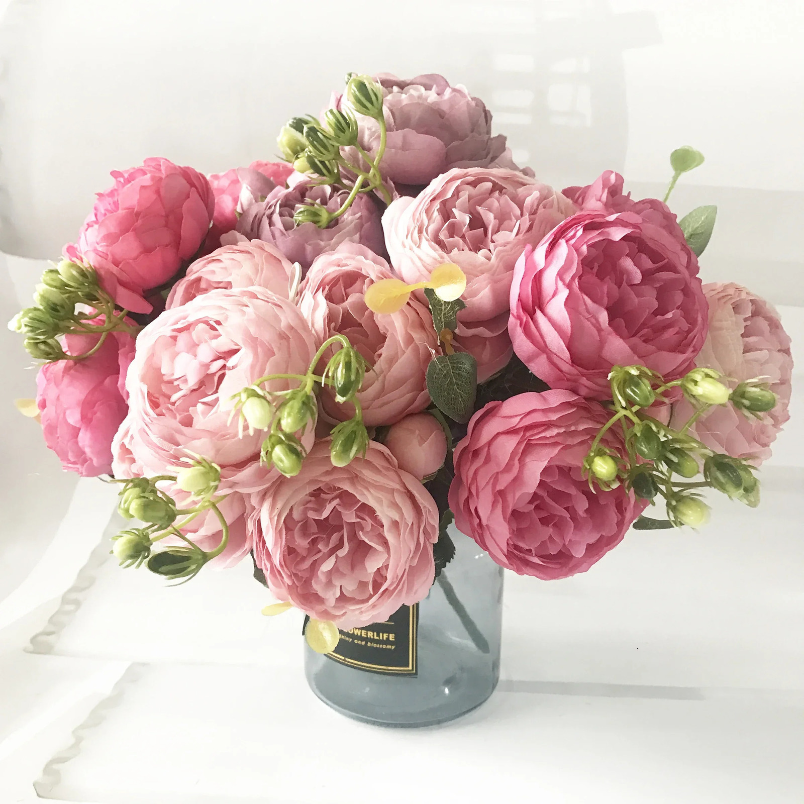 30cm Rose Pink Silk Peony Artificial Flowers Bouquet 5 Big Heads and 4 Buds Flowers for Home Wedding Indoor Decoration 250724