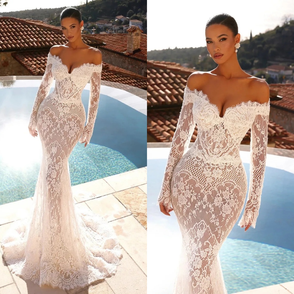 Simple Lace Wedding Dresses Off Shoulder Bridal Gowns Long Sleeves See Through Illusion Princess Sweep Train Mermaid Customized Vestidos De Novia Plus