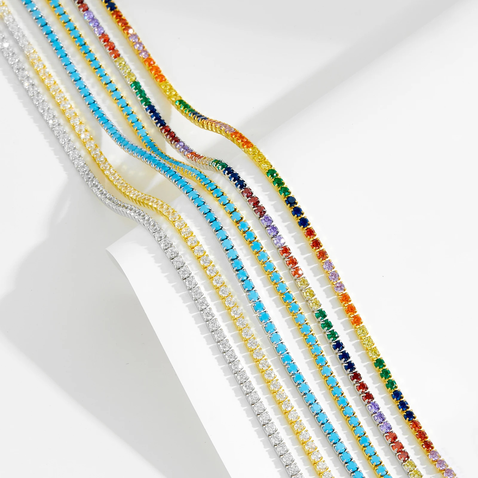 ANDYWEN 925 Sterling Silver Gold Rainbow Zircon CZ 2mm Tennis Chain Choker Necklace Women Party Colorful Birthday Gift 250722