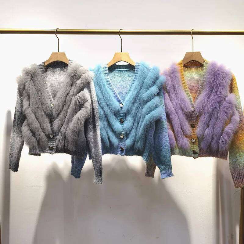 2024 New Autumn Knitted Sweater Cardigan With Real Fox Short Female V-Neck Natural Fur Stripe Cardigans Outwear