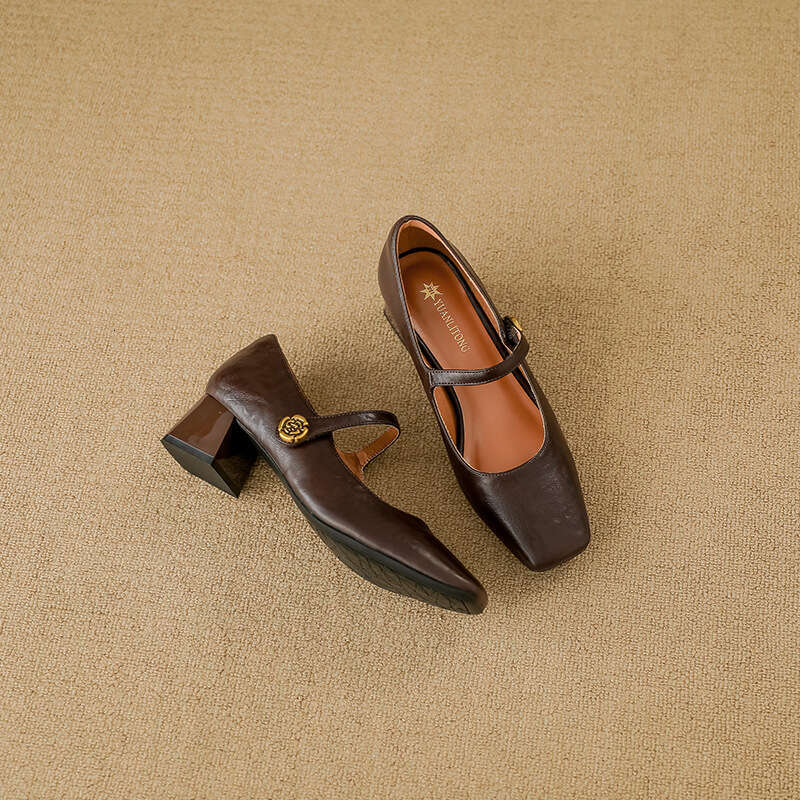 Genuine Leather High Heels Mary Jane Chunky Heel Single Shoes Fashion 2025 Spring New Women Outdoor High-end Feel