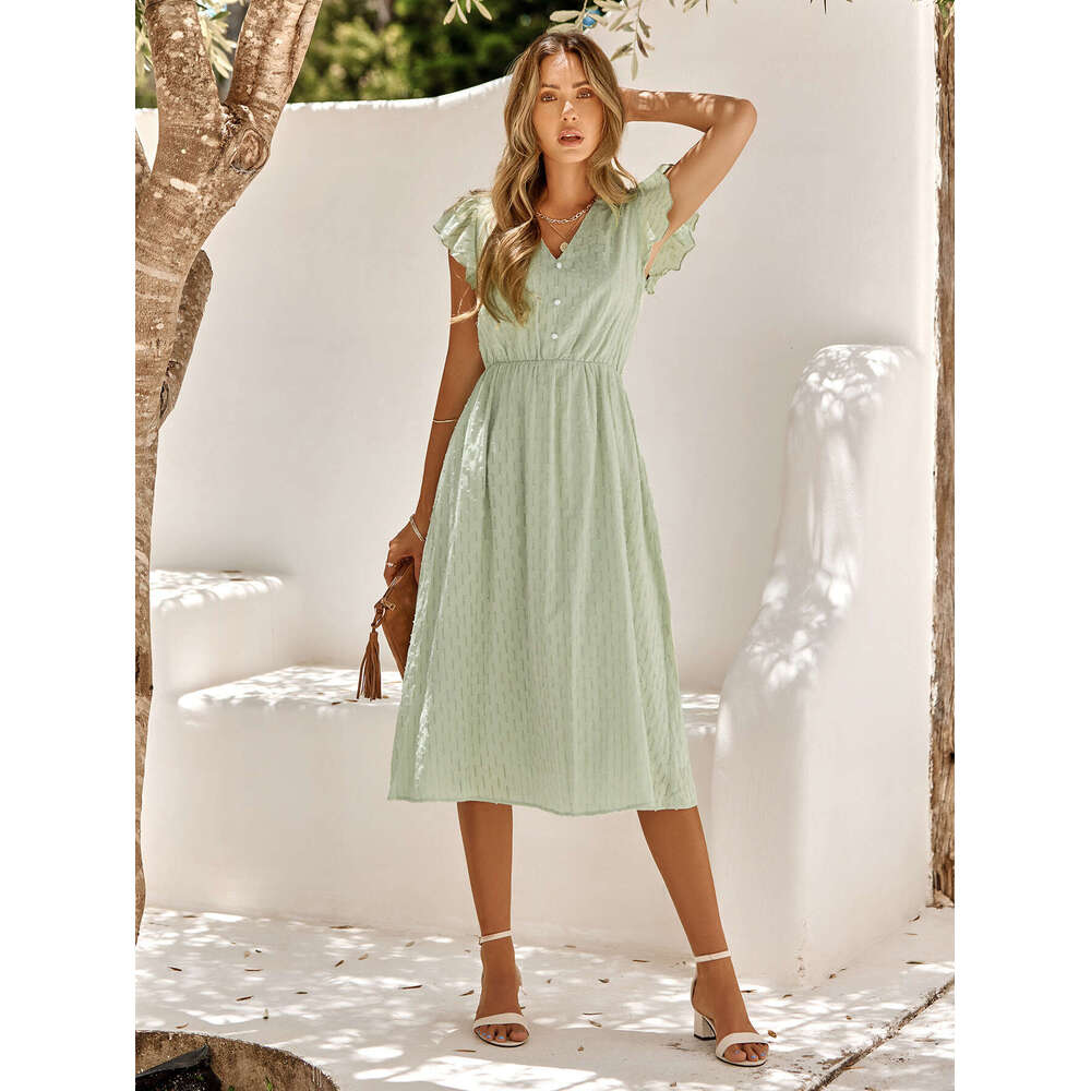 2025 Summer New Casual Women's Fashion European and American Solid Color V-neck Waist-cinching Fresh Style Dress for Women