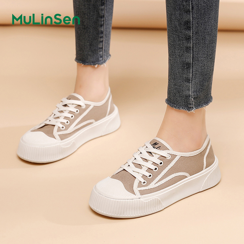 Mulinsen women's shoes summer breathable coffee-colored canvas shoes women 2025 new biscuit shoes low-top soft-soled casual shoes