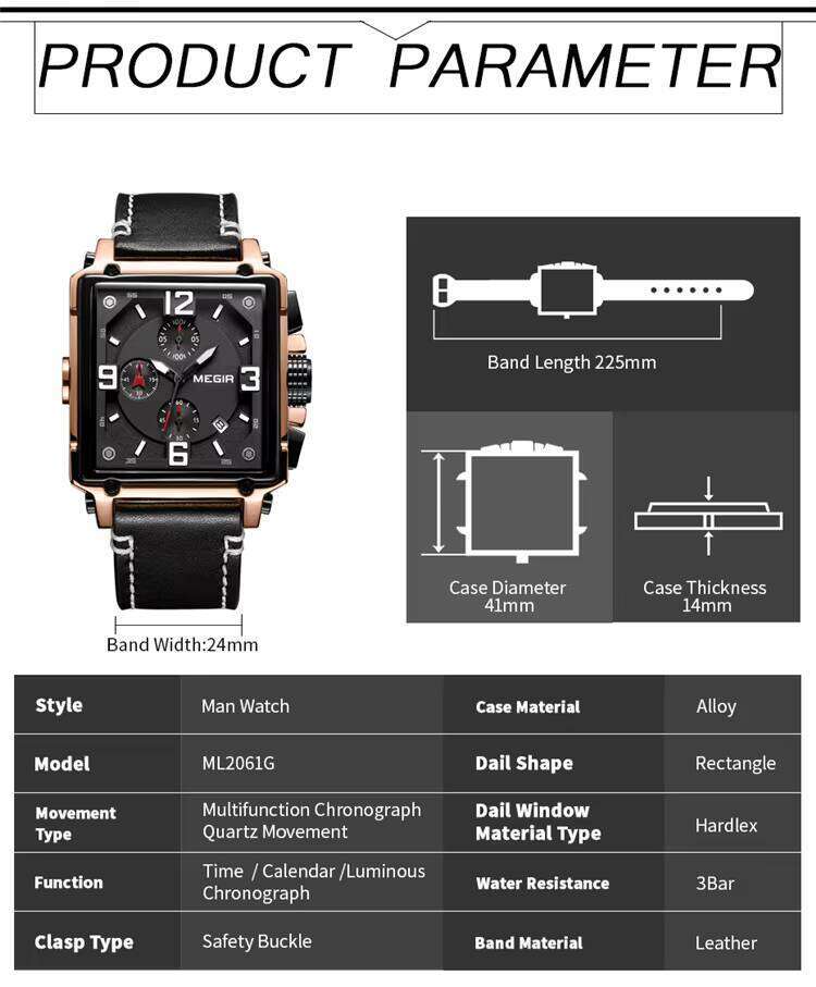 DHwatches MEGIR Men's Vintage Square Watch - Leather Strap, Luminous, Date, 30M Waterproof, Sport Quartz Watch