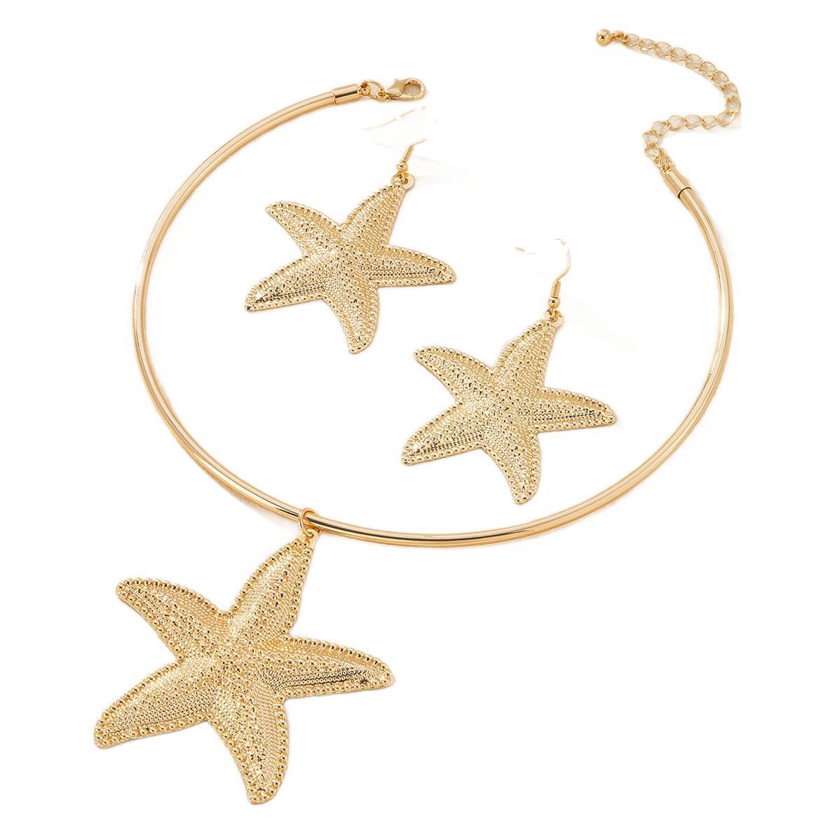 Beach resort style starfish pendant earrings necklace set for women, exaggerated fashionable trend collarbone chain