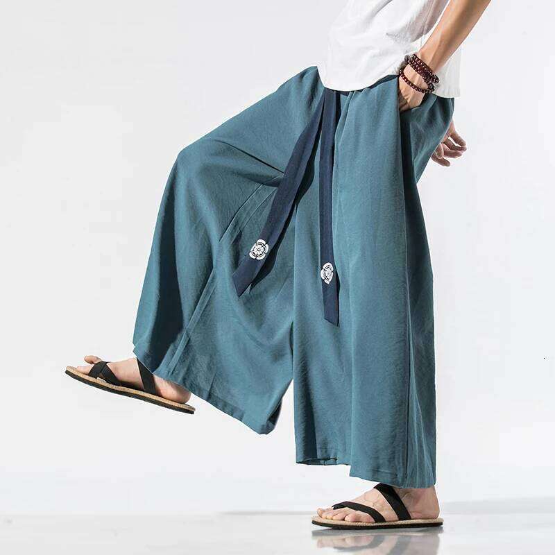 2024 Men Wide Leg Mens Cotton Joggers Retro Loose Trousers Man Chinese Style Linen Male Big Crotch Nepal Robe Pants