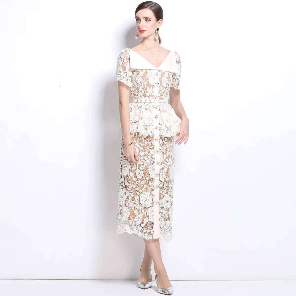 Designer Clothing 2025 Quality Summer Beaded Dias Embroidery Beige White Lace Evening Dress Women Short Sleeve Ruffle Peplum Midi Prom Dresses Long