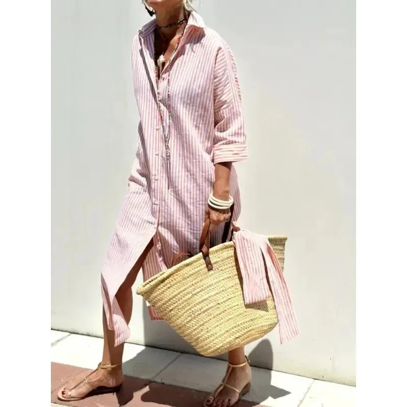 Summer Womens Striped ButtonDown Casual and Comfortable Dress Cardigan with Lapel 250728