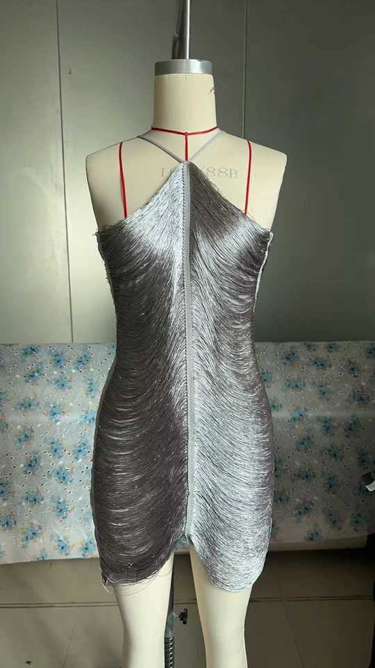 Fringe V-neck Mini Dress Halterneck Dresses Women Elegant Cut Out Short Dress Fashion Patchwork Asymmetric Tassel Decor Dresses Z250728