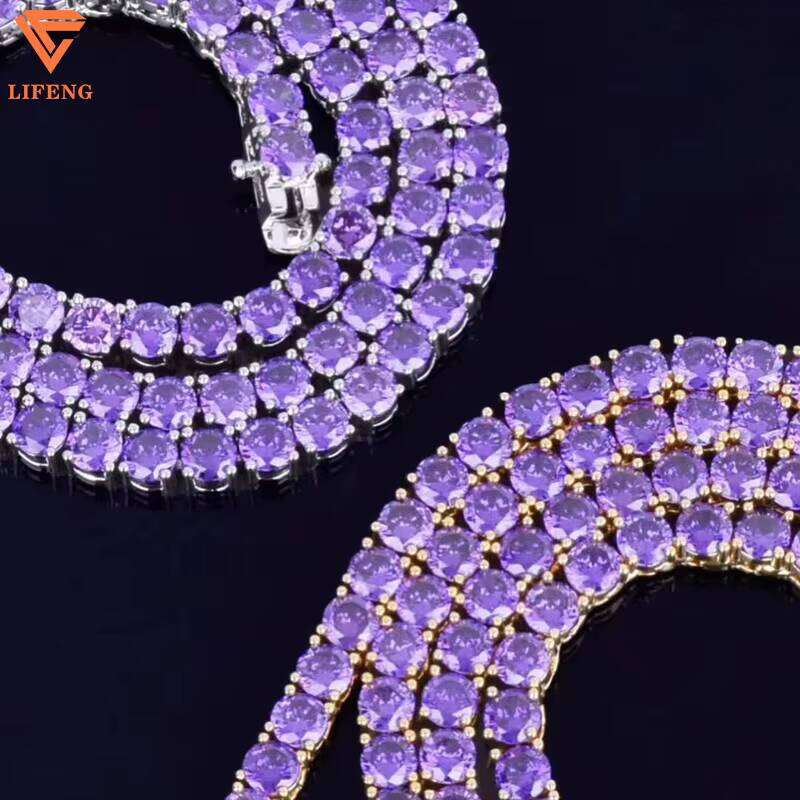Lifeng Jewelry Custom 8mm Single Row Iced Out Purple VVS Moissanite Gold Plated Sterling Sier Tennis Chain