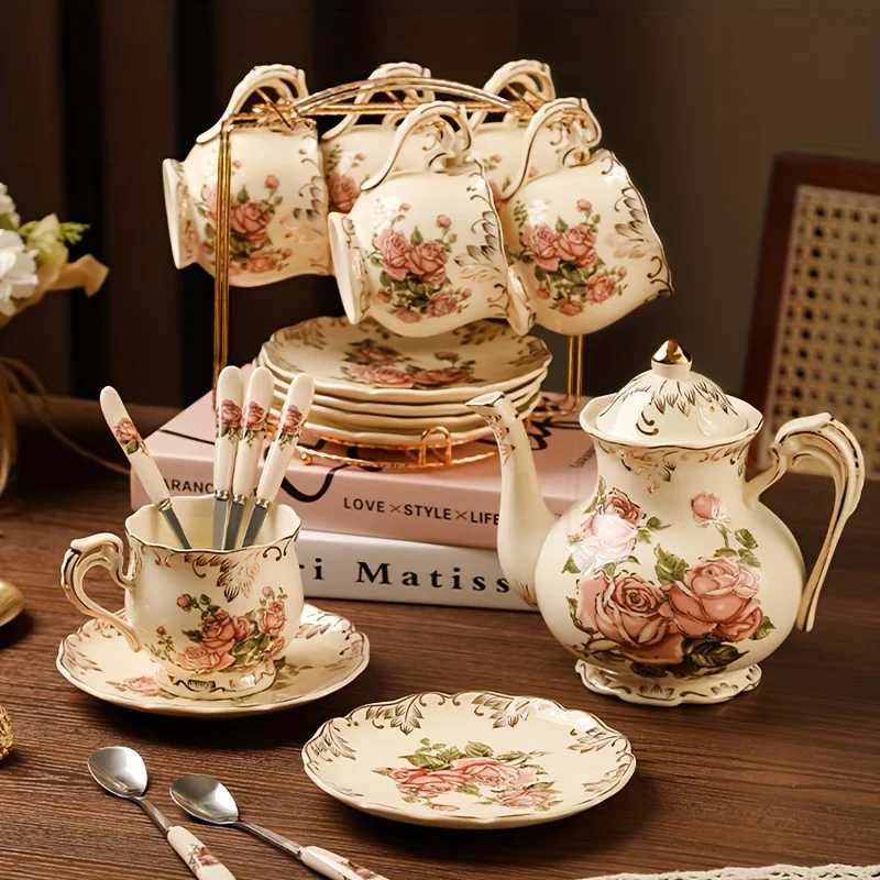 19-Piece European Tea Set - 6 Cups/Saucers/Spoons with Stand Vintage Porcelain for Afternoon Tea Holiday Gifts X250728