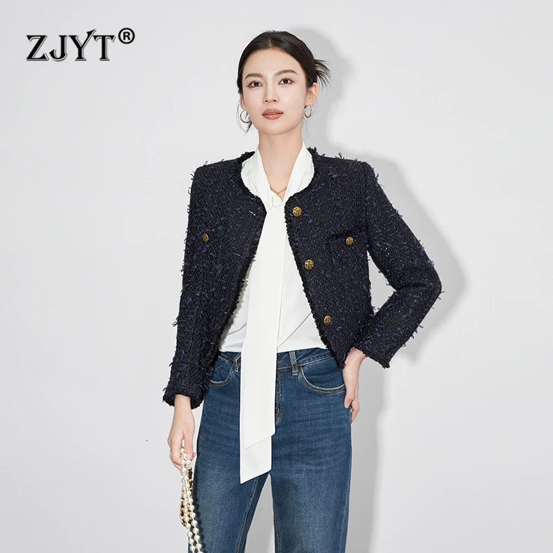 ZJYT Autumn Vintage Blue Tweed Woolen Jacket for Women Womens Clothing Winter Coat Elegant Short Outerwear Jacket 250728
