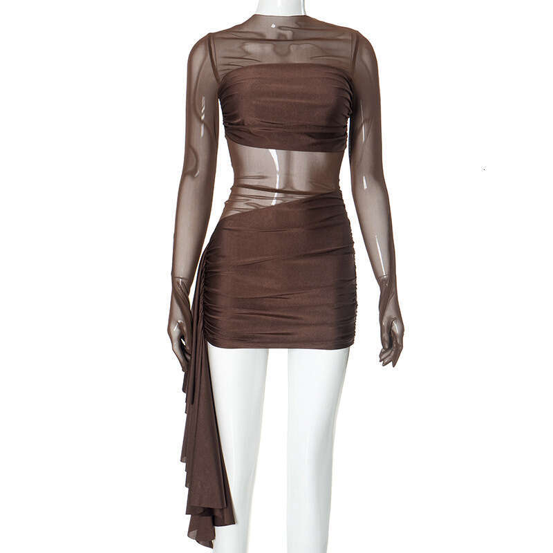 Y24ds531 Women's Autumn New Sexy Mesh Hollow Pleated Round Neck Patchwork Dress B5