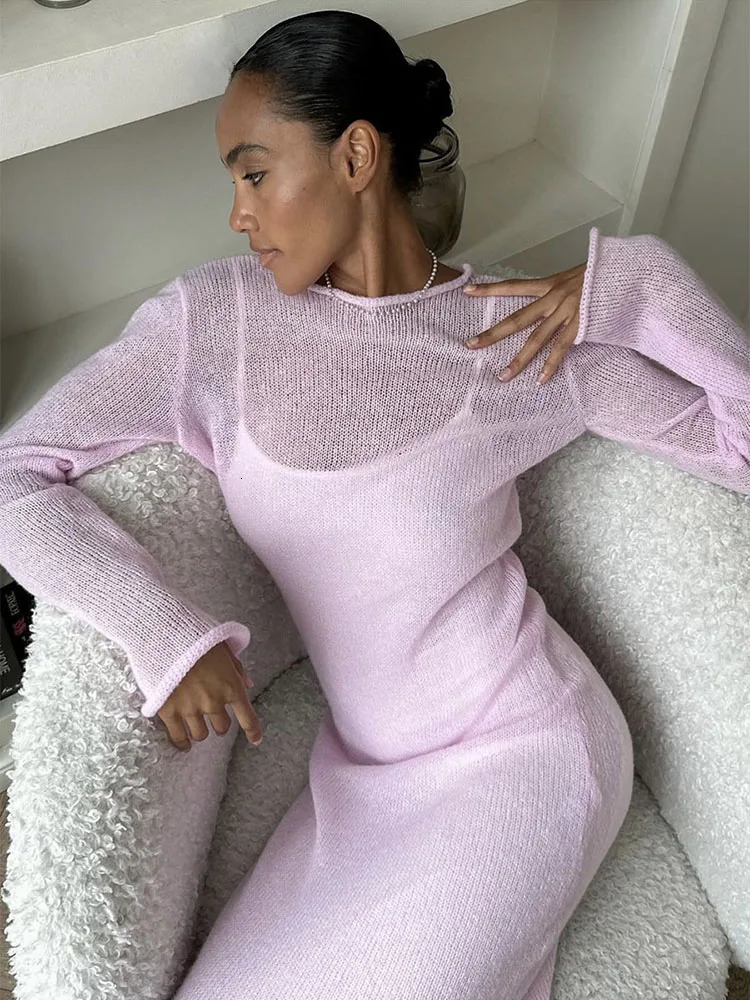 Spring Autumn ONeck Elastic Knit Long Dresses Women Elegant Chic Soft Lady Hollowing Sweater Femme 250728