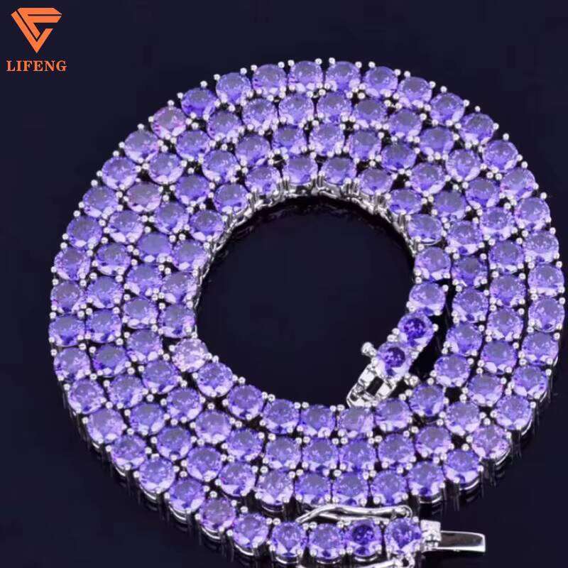 Lifeng Jewelry Custom 8mm Single Row Iced Out Purple VVS Moissanite Gold Plated Sterling Sier Tennis Chain
