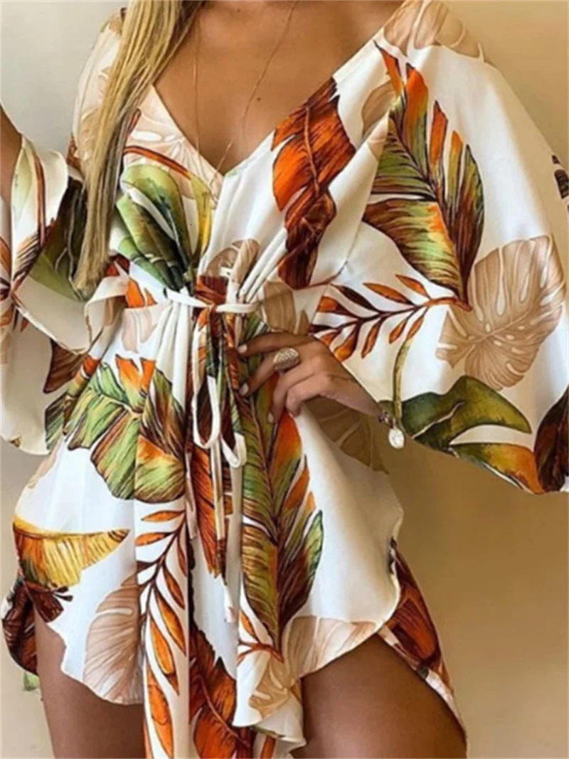 Women Print Dress Sexy VNeck Bat Sleeve Ruffle Flowers Bohemian Beach Sundress Ladies Loose Summer Vacation Mini Dresses 250728