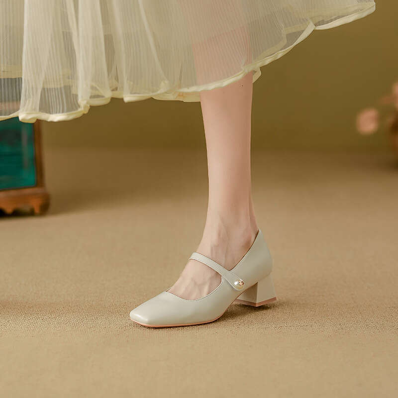 Sheepskin Mary Jane Genuine Leather Women's Comfortable Soft Sole Breathable Non-Suffocating Quality Single Shoes Elegant Square Toe High Heels