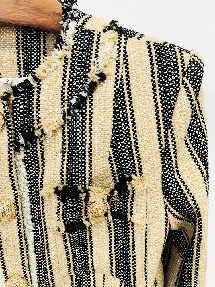 HIGH STREET est AW ner Outerwear Womens Elegant Yellow Black Striped Tassel Fringed Tweed Jacket 250728
