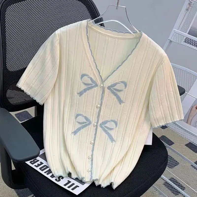 Summer Short Sleeve Thin Sweater For Women Korean Fashion Tops Y2K Clothes Woman V Neck Knitted Cardigan Sweaters Female 250728