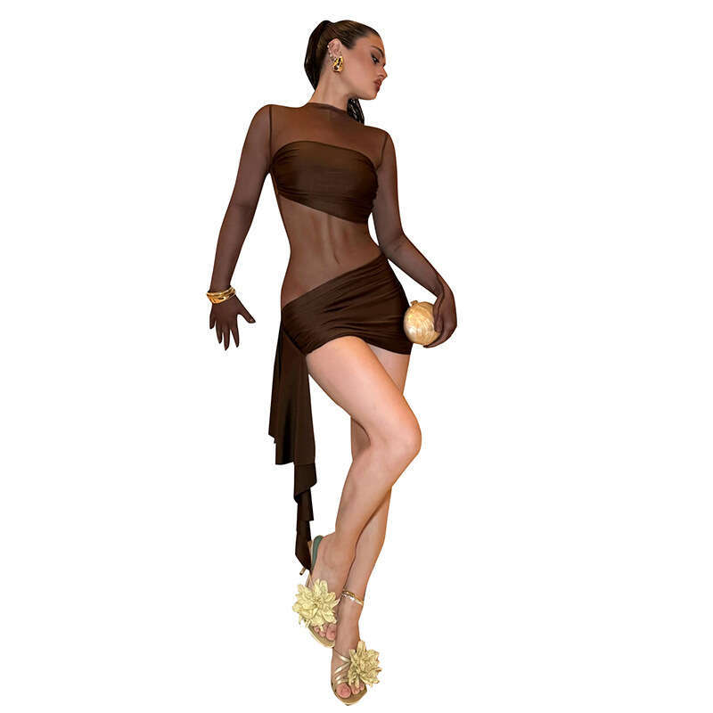 Y24ds531 Women's Autumn New Sexy Mesh Hollow Pleated Round Neck Patchwork Dress B5