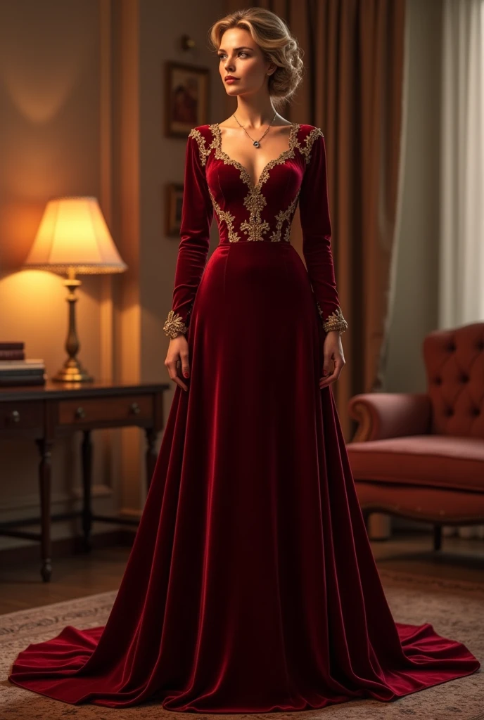 Burgundy Velvet Elegance Evening Dresses Long Sleeves A-Line Formal Occasion Gown Lace Appliques Prom Party Wear For Women