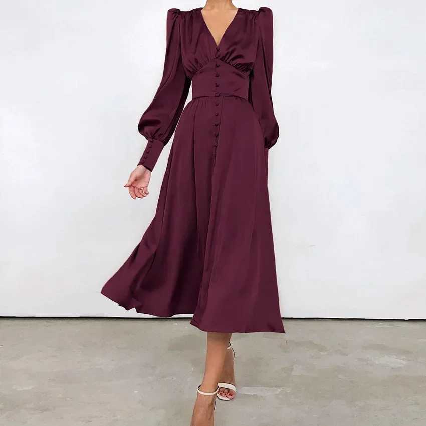 Spring Women Long Dress Satin V-neck Lantern Sleeve Skinny Elegant Dresses Female Casual Fashion Clothes Vestidos Lady Z250728