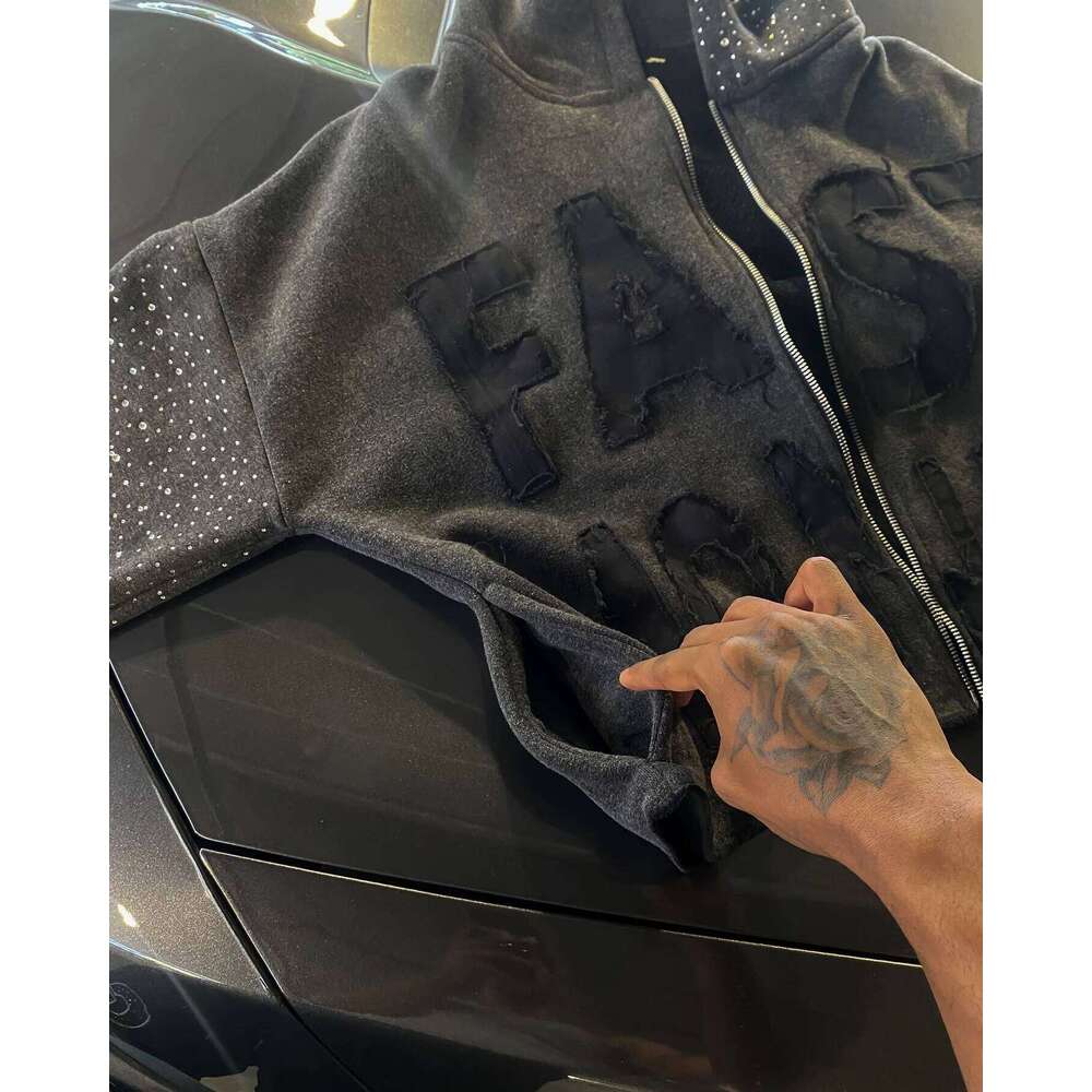 Designer Leisure High Quality FAST MONEY INVERSE Letter Patchwork Gothic Zipper Hoodie Black Loose Rhinestone Embroidery Crop Top Y2k Retro Street Swe