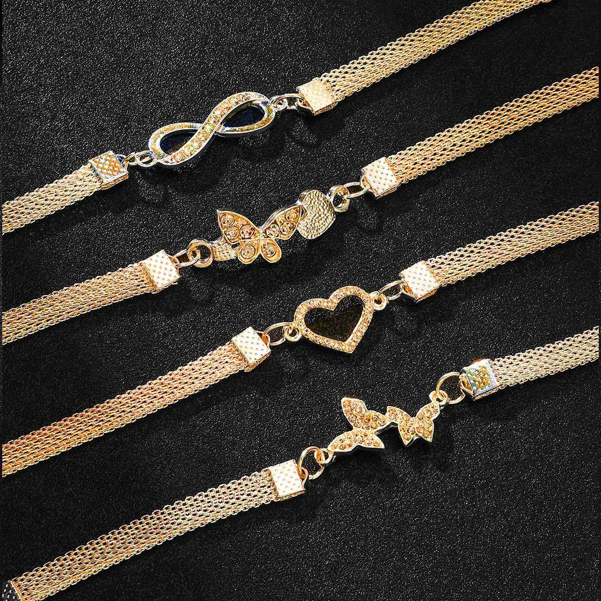4pcs Vintage Rhinestone Infinite Symbol Butterfly Bracelet Punk Hollow Mesh Chain Bracelet for Women Elegant Charm Party Jewelry W250728