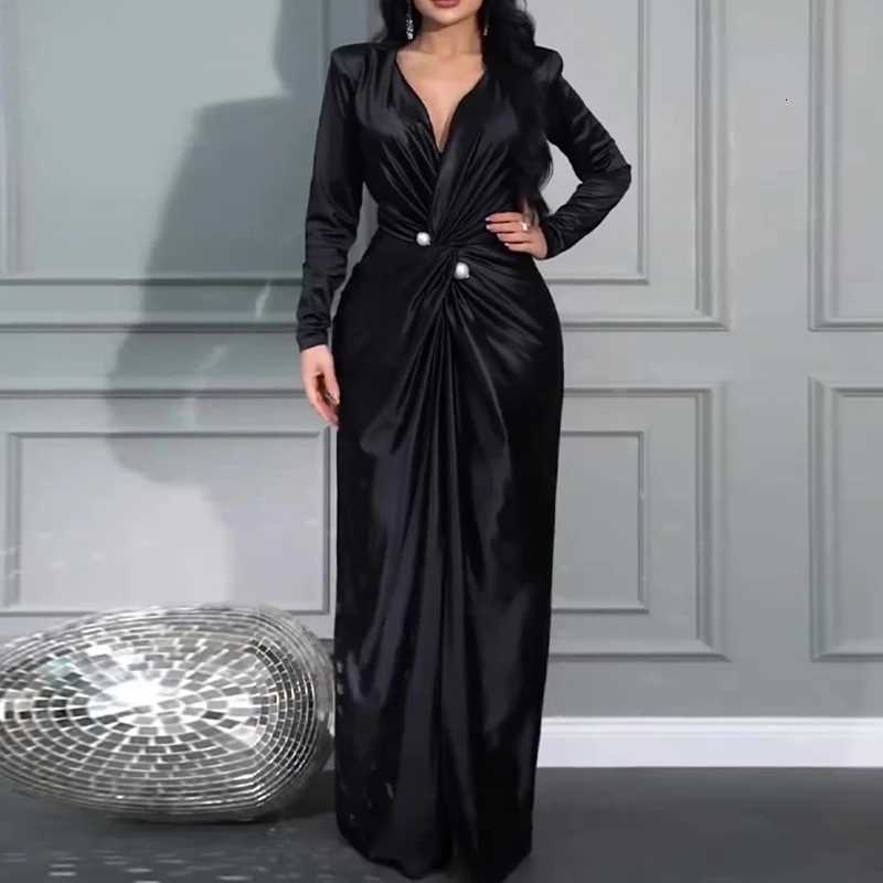 Autumn Long Sleeved Solid Banquet Dress Elegant Temperament V Neck Slim Party Dress Lady Fashion Twisted High Waist Office Dress Z250728