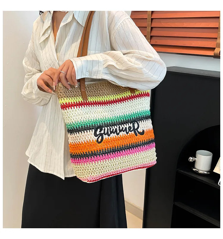 Summer woven embroidered beach bag womens tote bag large capacity single shoulder travel bag grass woven bag 250723