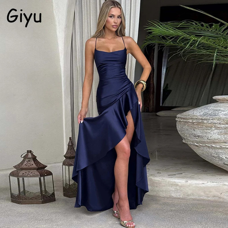 Gyu Sexy Satin Club Evening Party Dresses Summer Women Clothing Elegant Ruffle Irregular Backless Bandage Long Maxi Dress 250728