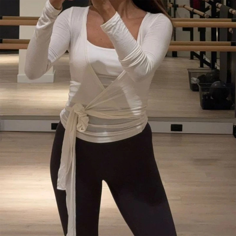 Women Cross Wrap Tie Crop Tops Yoga Shirts Long Sleeve Deep V Neck Solid Color Slim Fit Ladies Workout Blouses Tees 250728