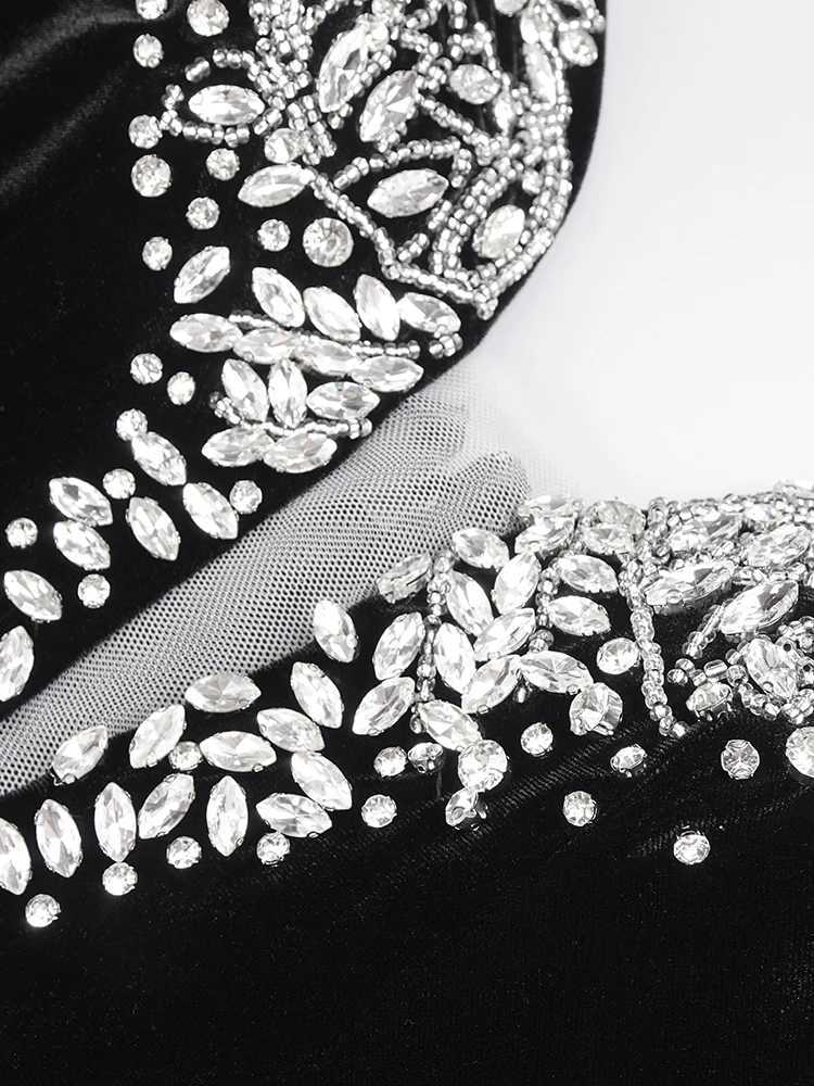 VC Long Dresses For Women Sexy Sleeveless High Split Maxi Gowns Celebrity Black Velvet With Crystal Female Clothing Z250728