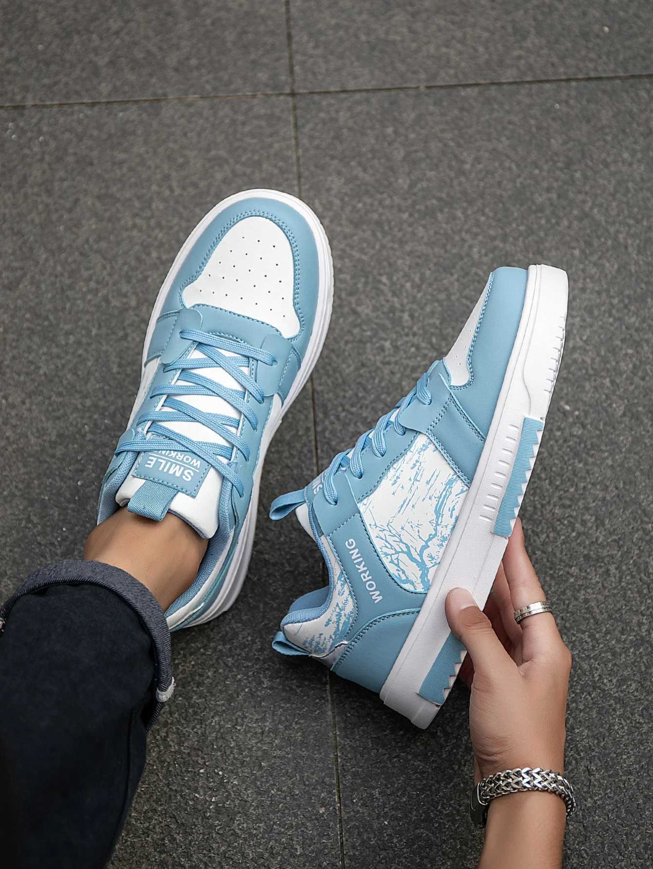 Mens For Pattern Fionable Stylish Sky Blue Contrasting Color Comfortable Skateboard Shoes Niche Design Preppy Style Front Strap Versatile Love Shoes Y