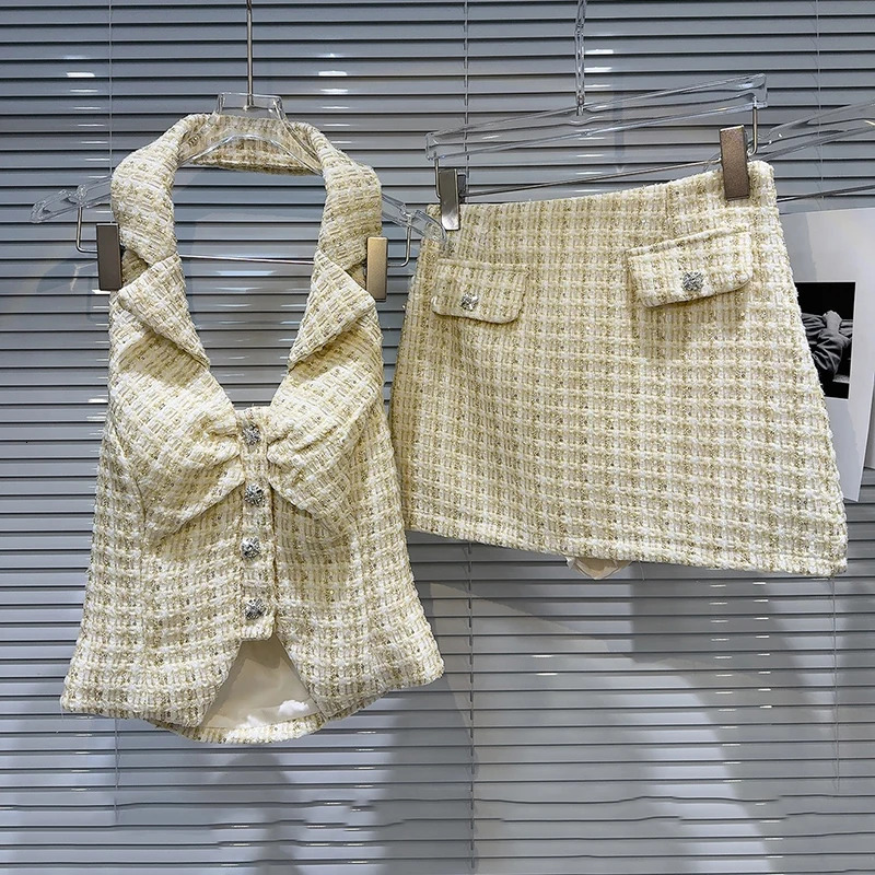 Summer Fashion Twopiece Set for Women Diamond Buckle Hanging Neck Vest Woven Tweed Short Skirt Female 11A04590 250728