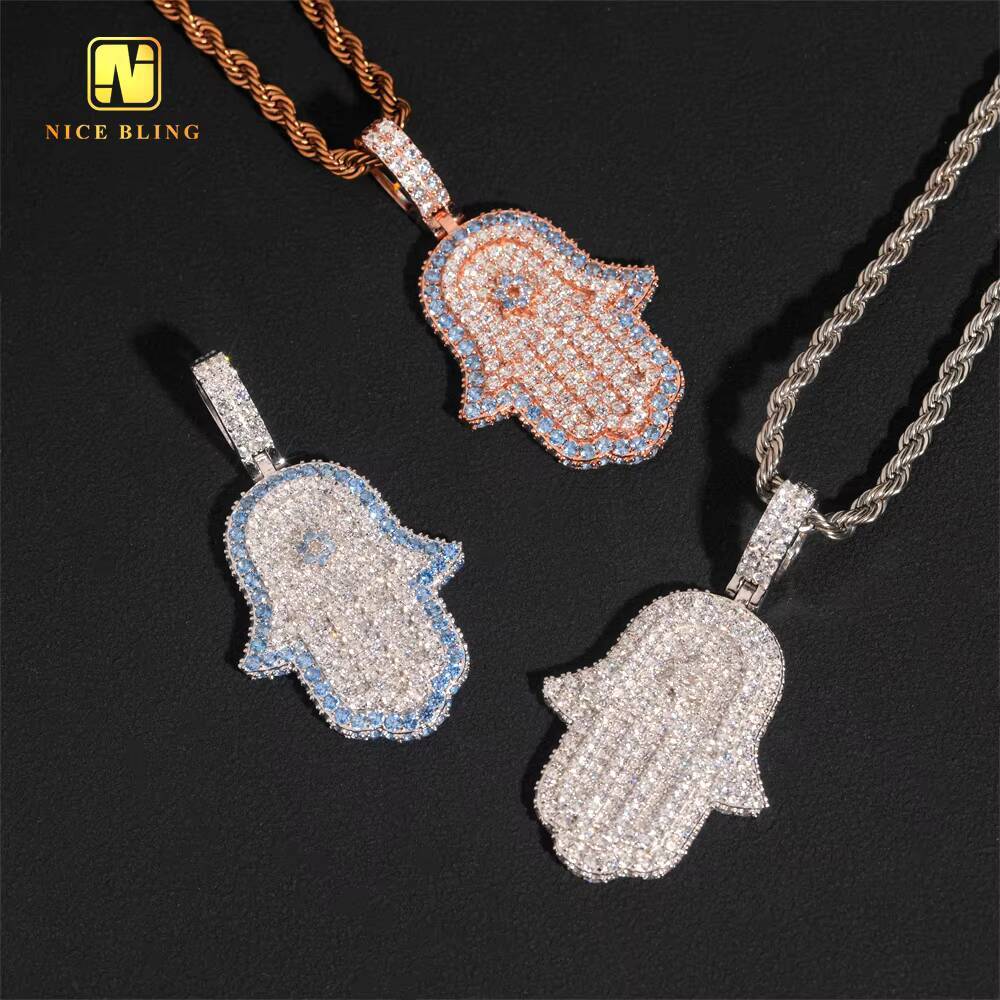 High Quality Ready to Ship Hamsa Charm Fine Hip Hop Jewelry 925 Silver 5A Cubic Zirconia Custom Iced Out Blue Diamond Pendant