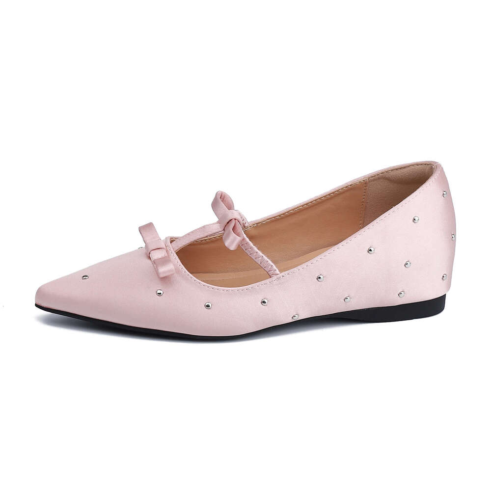 Hidden Heel Flat for Women with Bowknot Pointed Toe Strap Elegant Soft Sole Comfortable Rivet Mary Jane Shoes