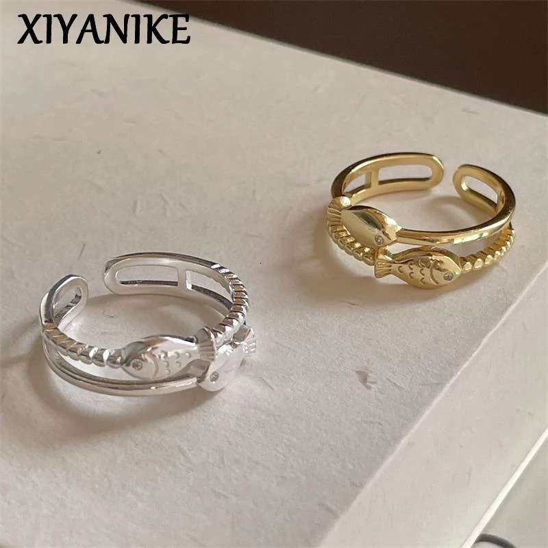 XIYANIKE Double Layer Weave Texture Fish Open Rings For Women Fashion Year Jewelry Valentine Day Gift Party anillos mujer 250723
