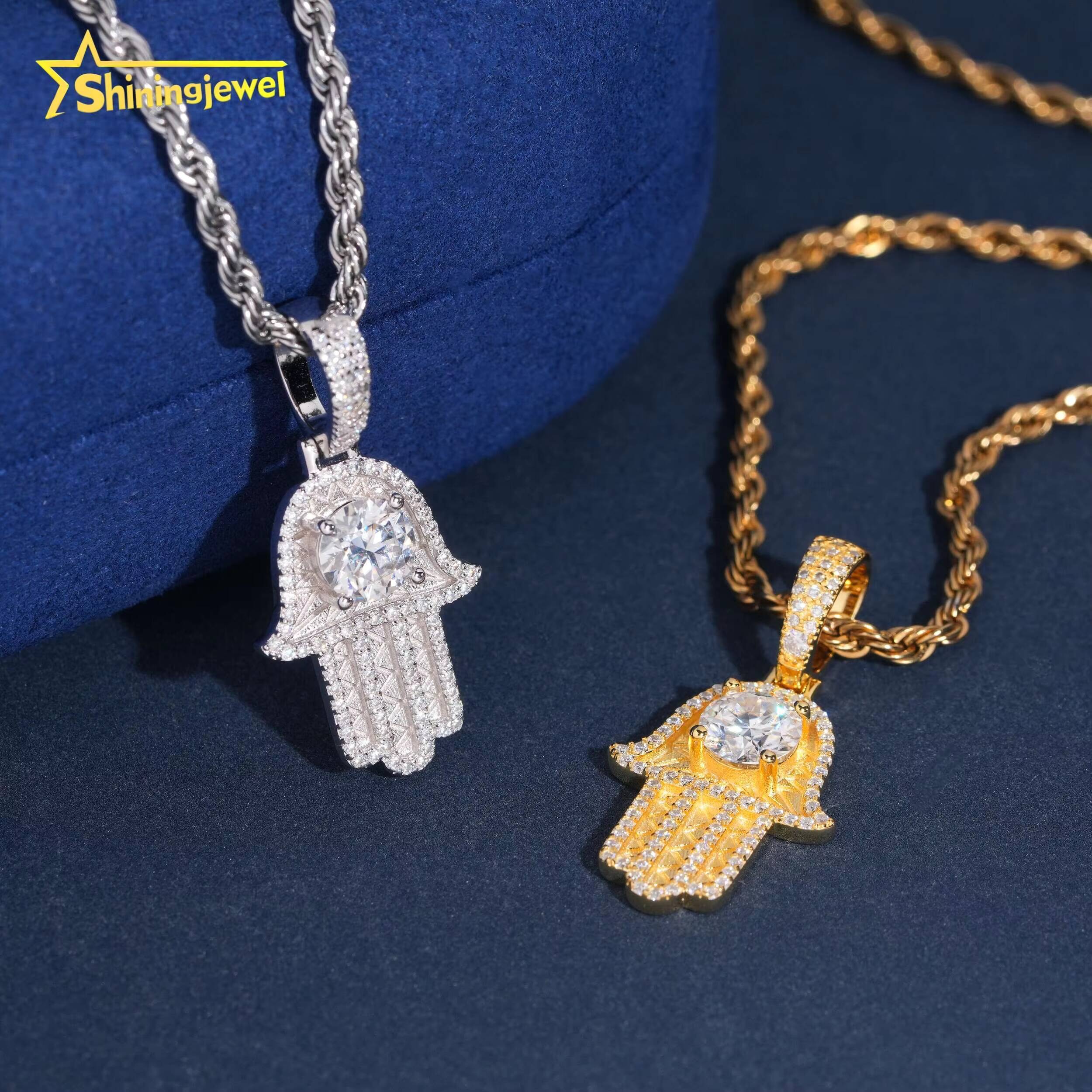 USA Local Fast Shipping 925 Silver VVS Moissanite Pendant Necklace Hip Hop Iced Out Gold Plated Hamsa Hand Moissanite Pendant