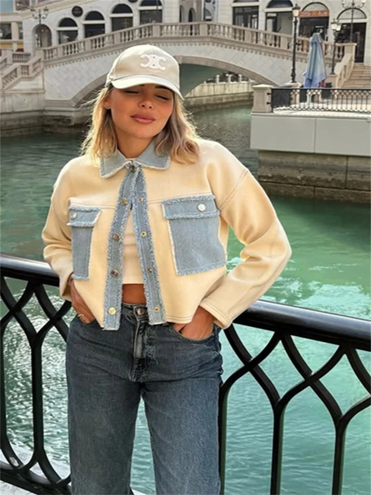 Women s Jackets Laple Denim Patchwork Fringes Big Pockets Single Breasted Long Sleeve Coat Female 2025 Spring Lady Outwears 250728