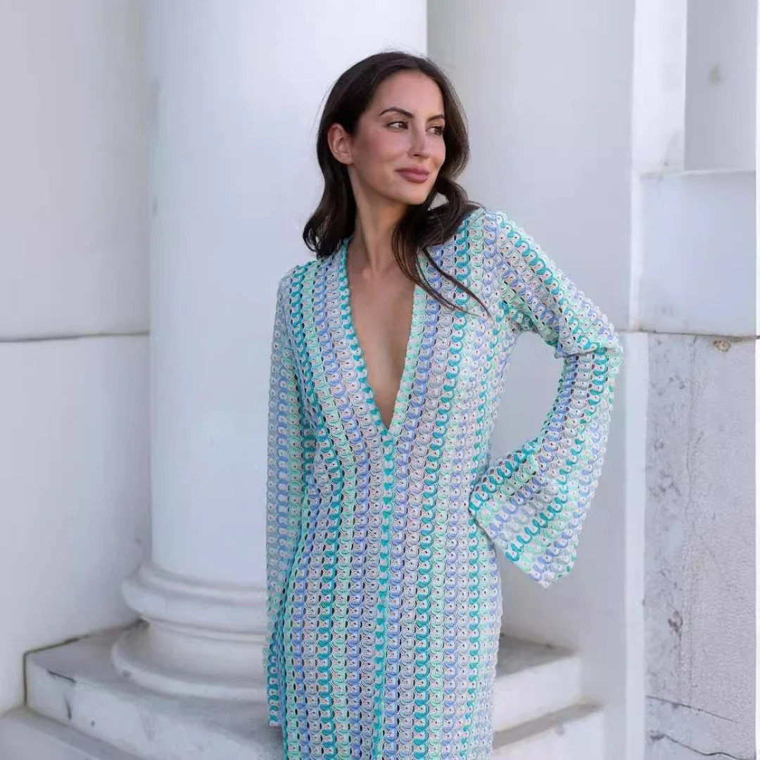 Crochet Colorful Stripe Maxi Dress Women Flare Sleeve Deep Vneck High Split Sexy Long Dresses Autumn Beach Banquet Dresses 250728